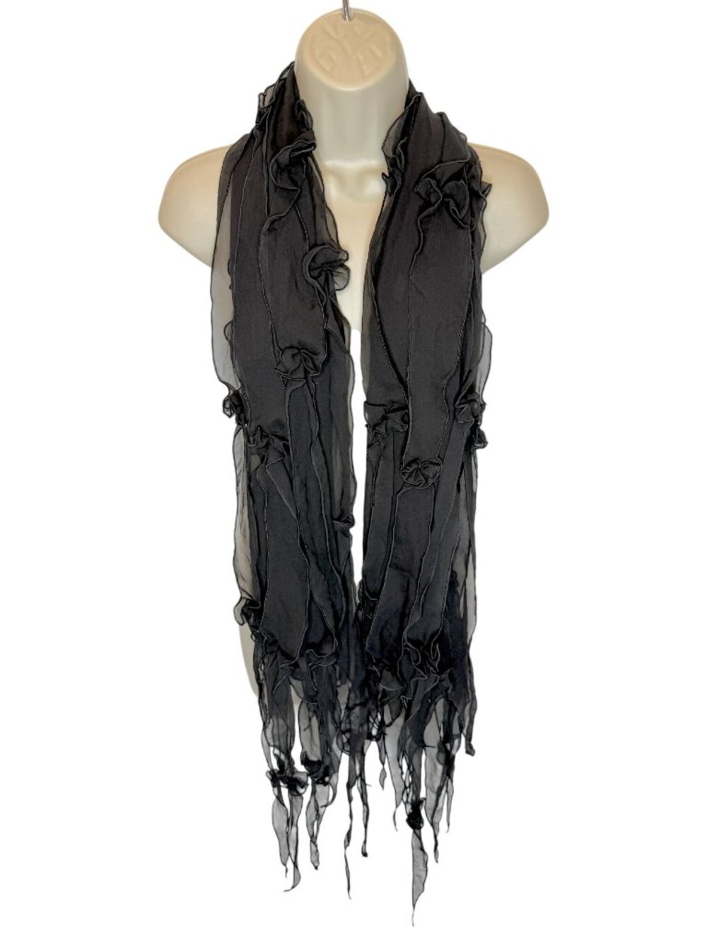 Emporio Armani Silk Scarf Black Y2K Ruffles Floral Rosette Evening Wrap - One Si